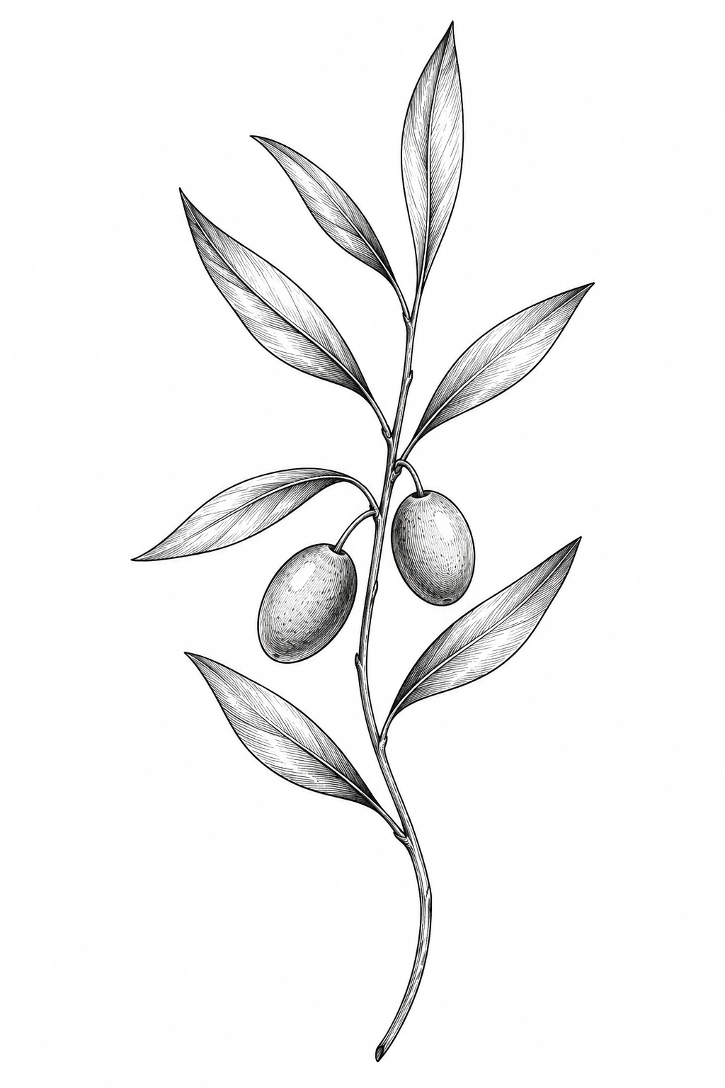 Rameau d’olivier vertical aux feuilles étroites et à deux olives, dessiné en traits noirs fins sur fond blanc.
