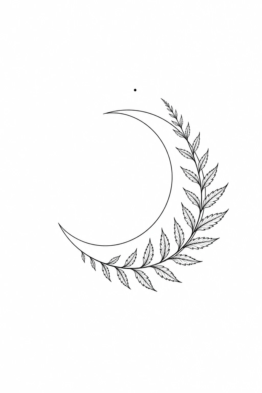 A crescent opening to the left, framed along its lower and right edges by a curved leafy branch, with a small black dot above.