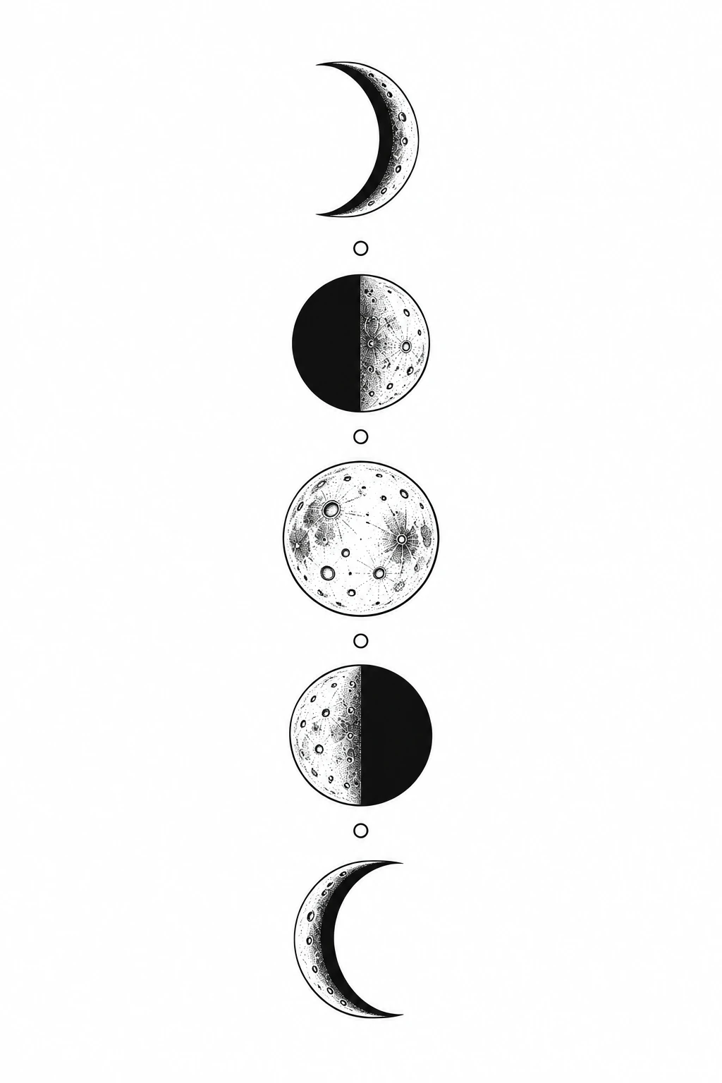 Five lunar shapes arranged vertically, with a textured full circle in the center, half circles and opposing crescents separated by small open circles.