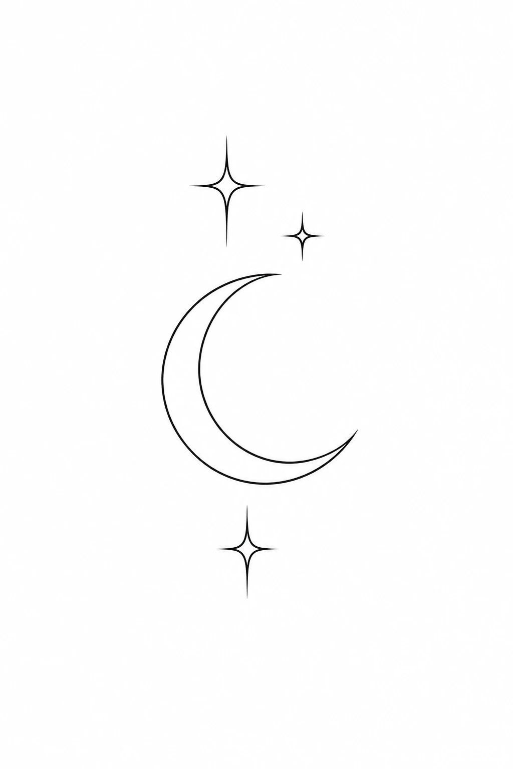 Black outline of a crescent opening to the right, with two four-point stars above and one below on a white background.
