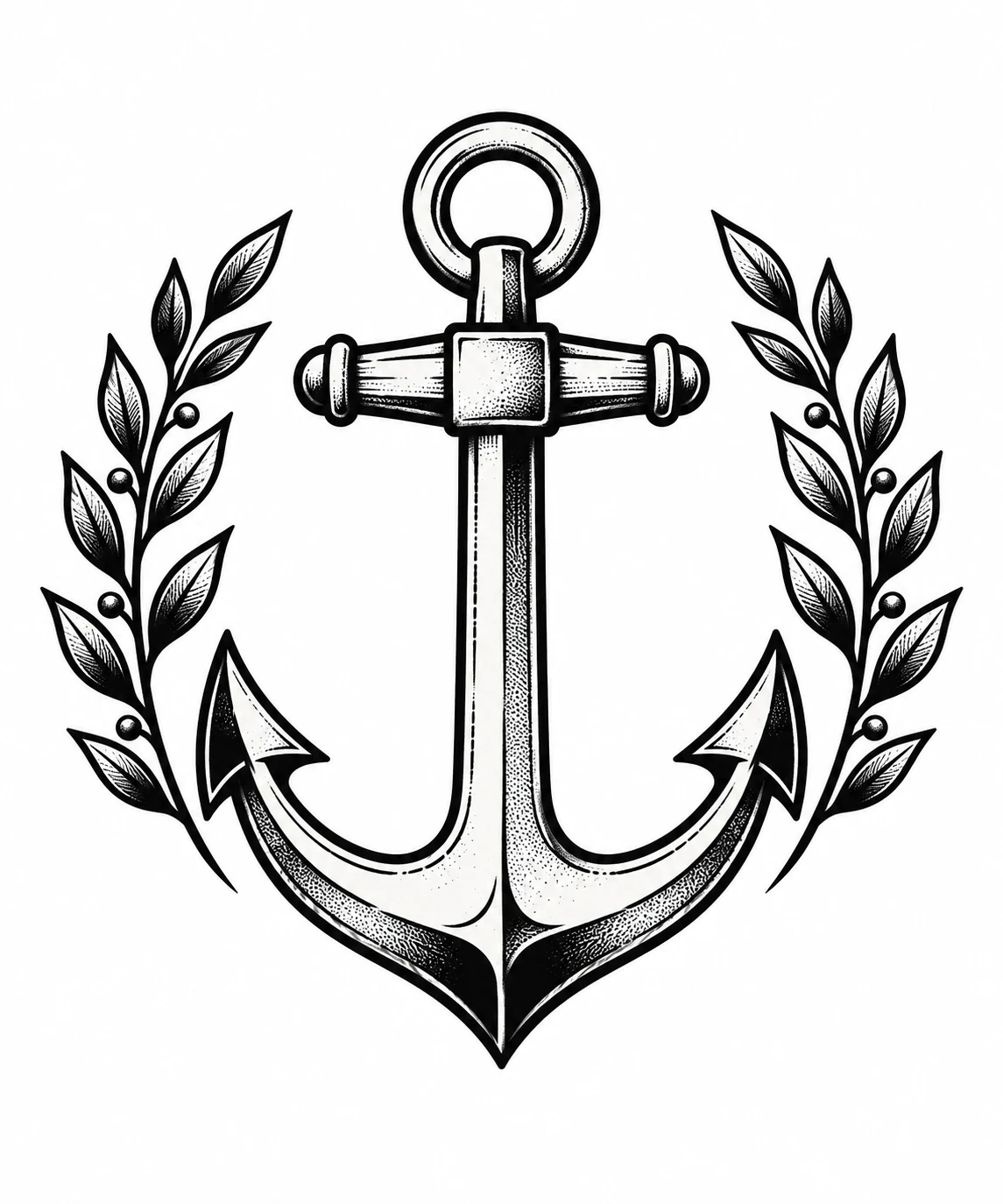 Upright black-ink anchor framed by two laurel branches