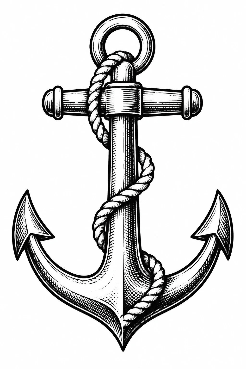 Traditional-inspired black-ink anchor with a rope winding around the shaft