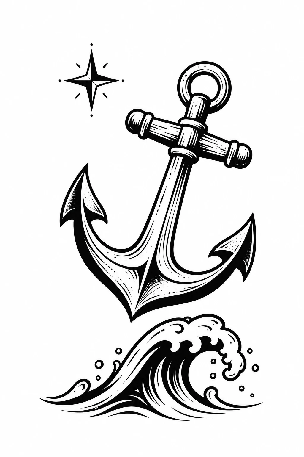 Tilted nautical anchor above a curling wave with a four-point star