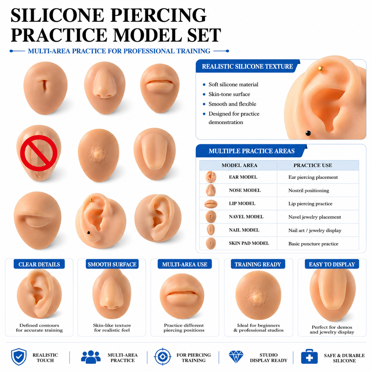 2 piezas de modelos de práctica de piercing de silicona.
