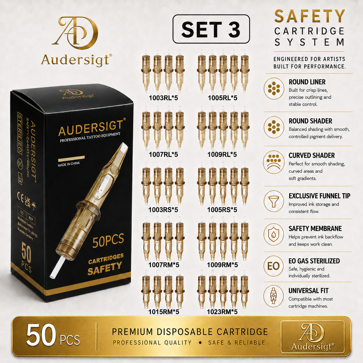 cartuchos de tatuaje de calibre mixto Audersigt Safety Series, paquete de 50