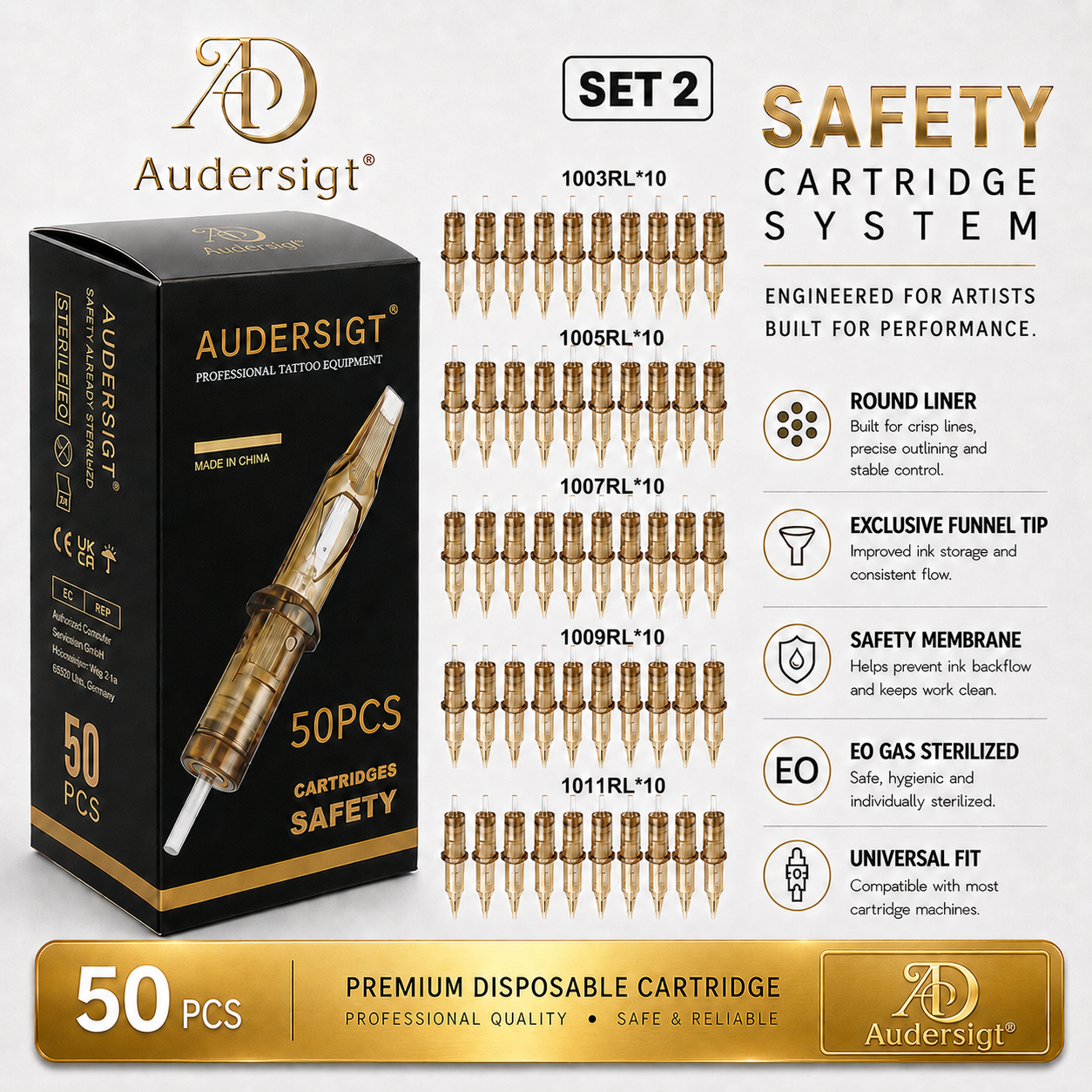 Audersigt Safety Round Liner Tattoo Cartridges 50 pcs — product in use