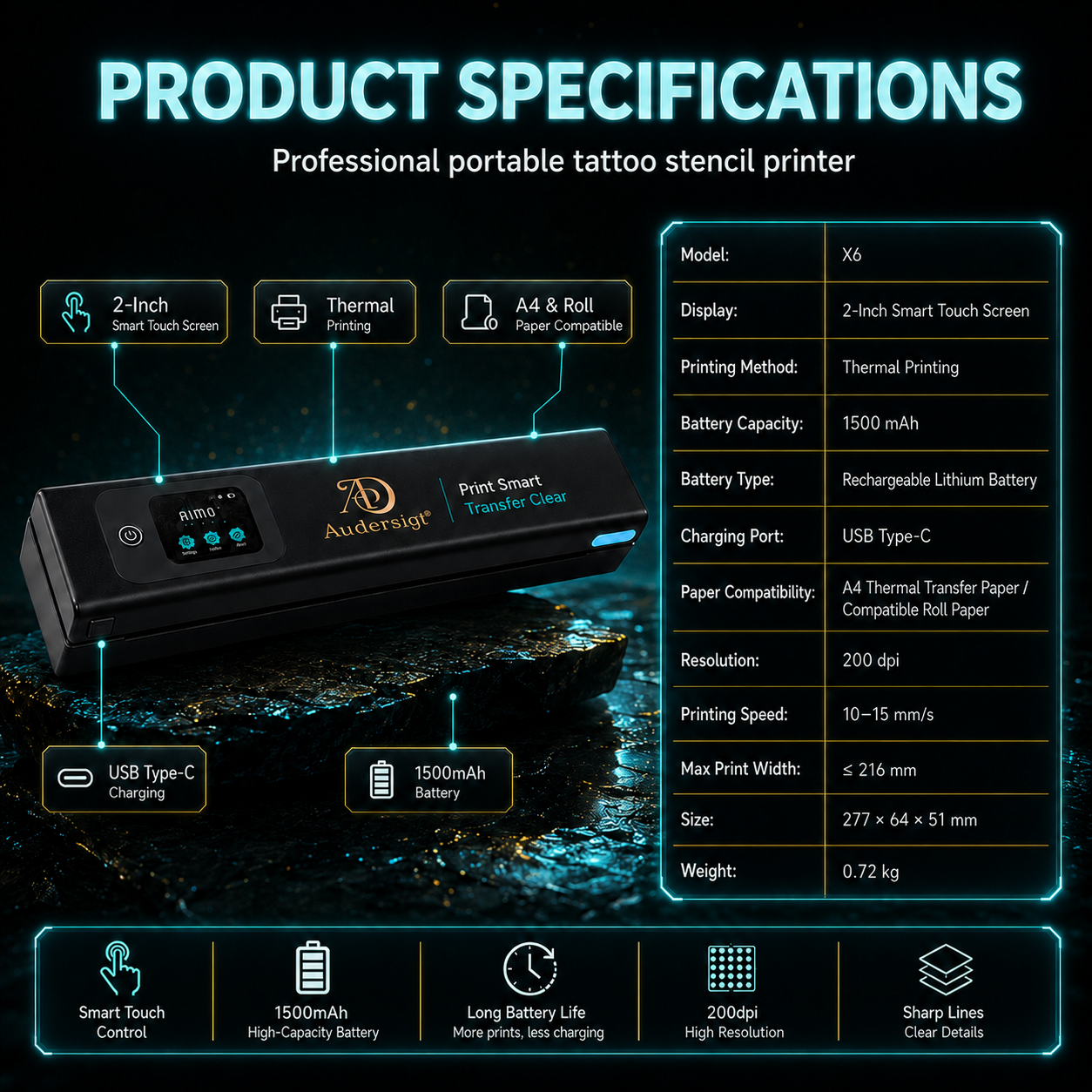 Audersigt X6 Bluetooth Thermal Tattoo Stencil Printer — product configuration