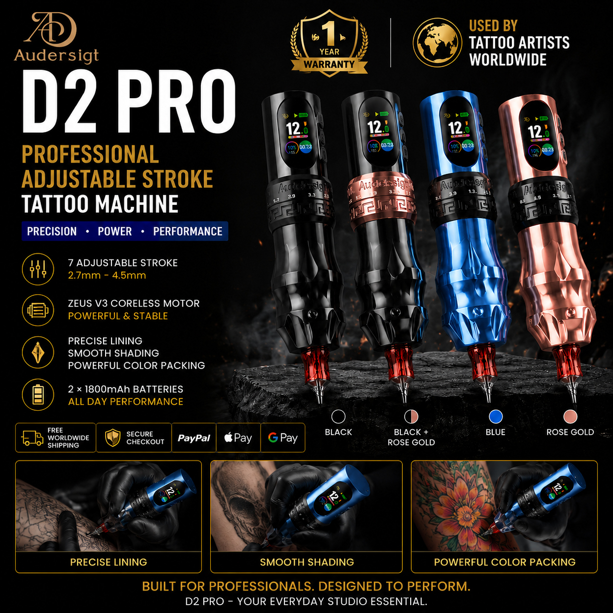D2 Pro Adjustable Stroke Wireless Tattoo Pen Machine