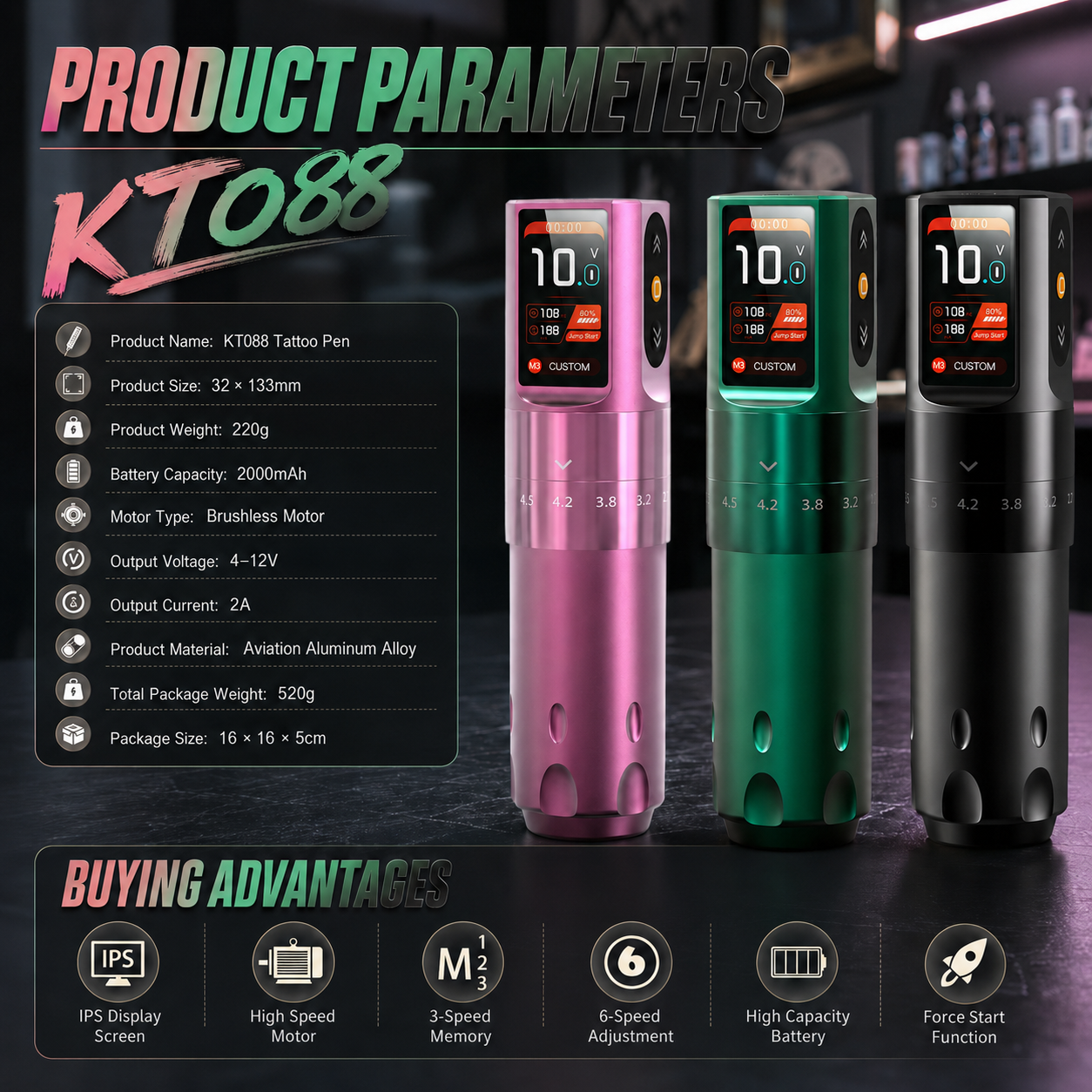 KT088 Adjustable Stroke Wireless Tattoo Pen Machine