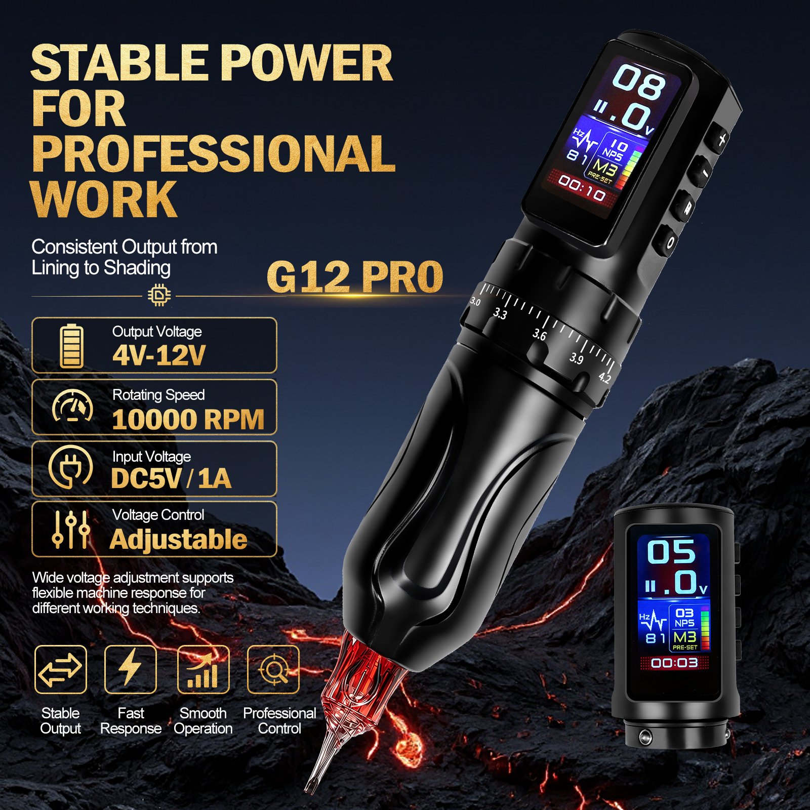 G12PRO Adjustable Stroke Wireless Tattoo Pen Machine for Beginners — product configuration