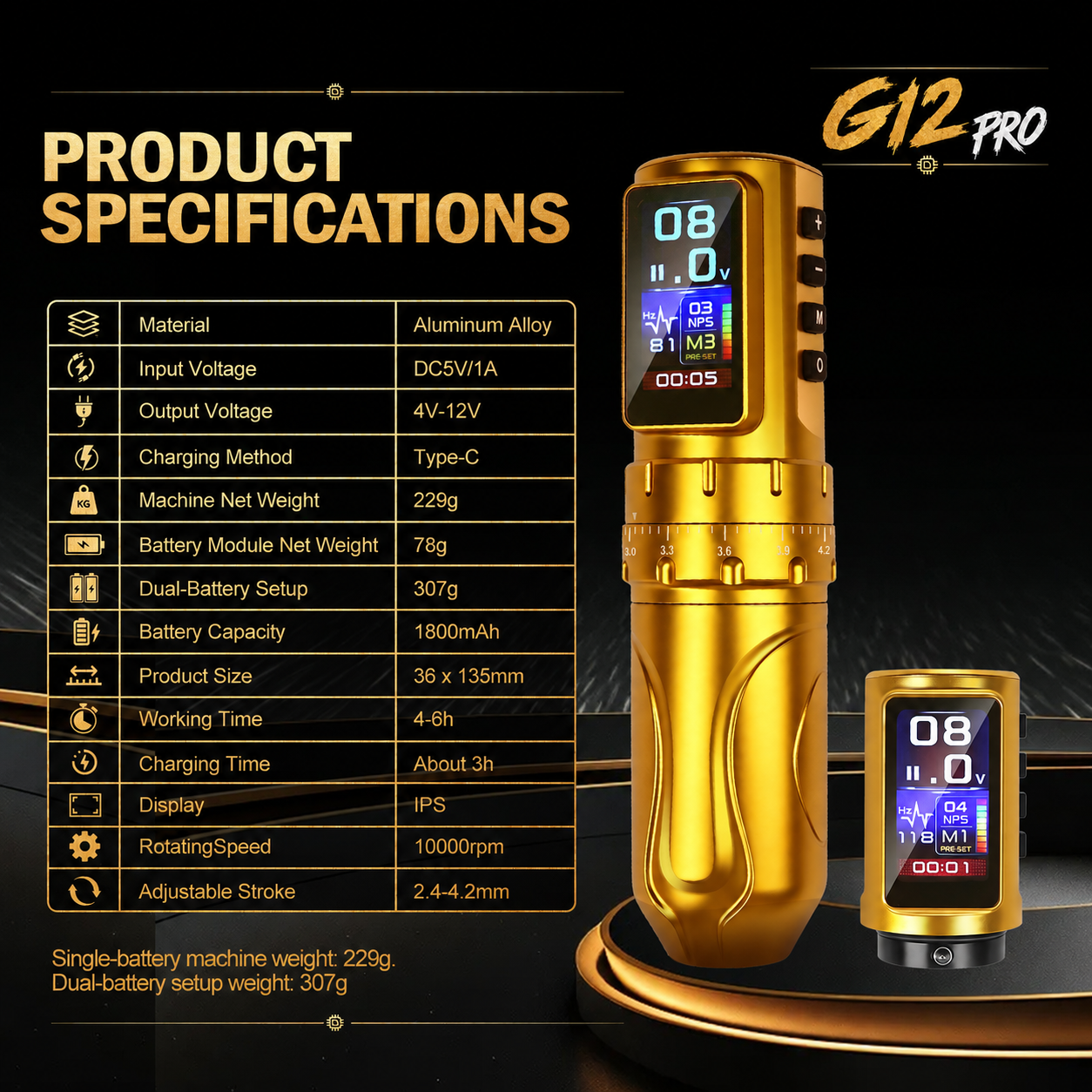 G12PRO Adjustable Stroke Wireless Tattoo Pen Machine for Beginners — product overview