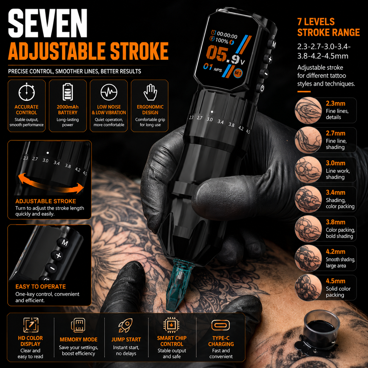 KT108 Adjustable Stroke Wireless Tattoo Pen Machine — product configuration
