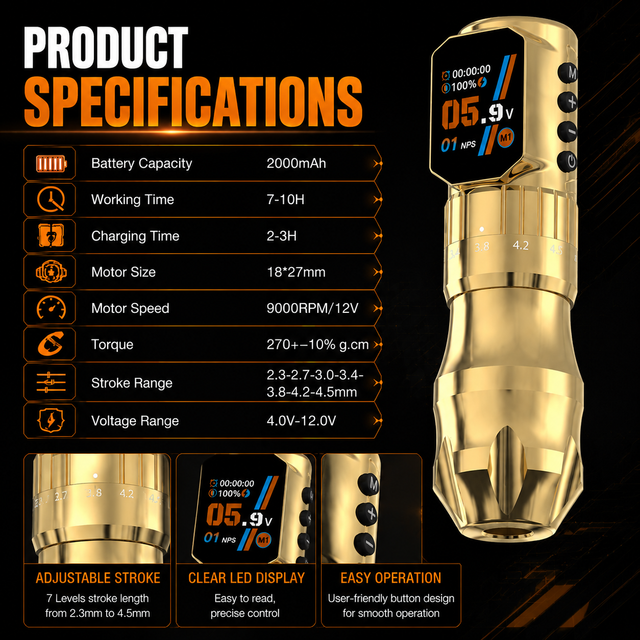 KT108 Adjustable Stroke Wireless Tattoo Pen Machine — product in use