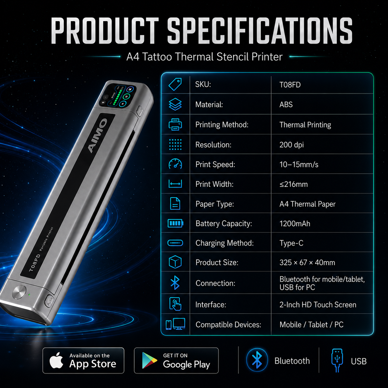 T08FD Bluetooth Thermal Tattoo Stencil Printer — product configuration