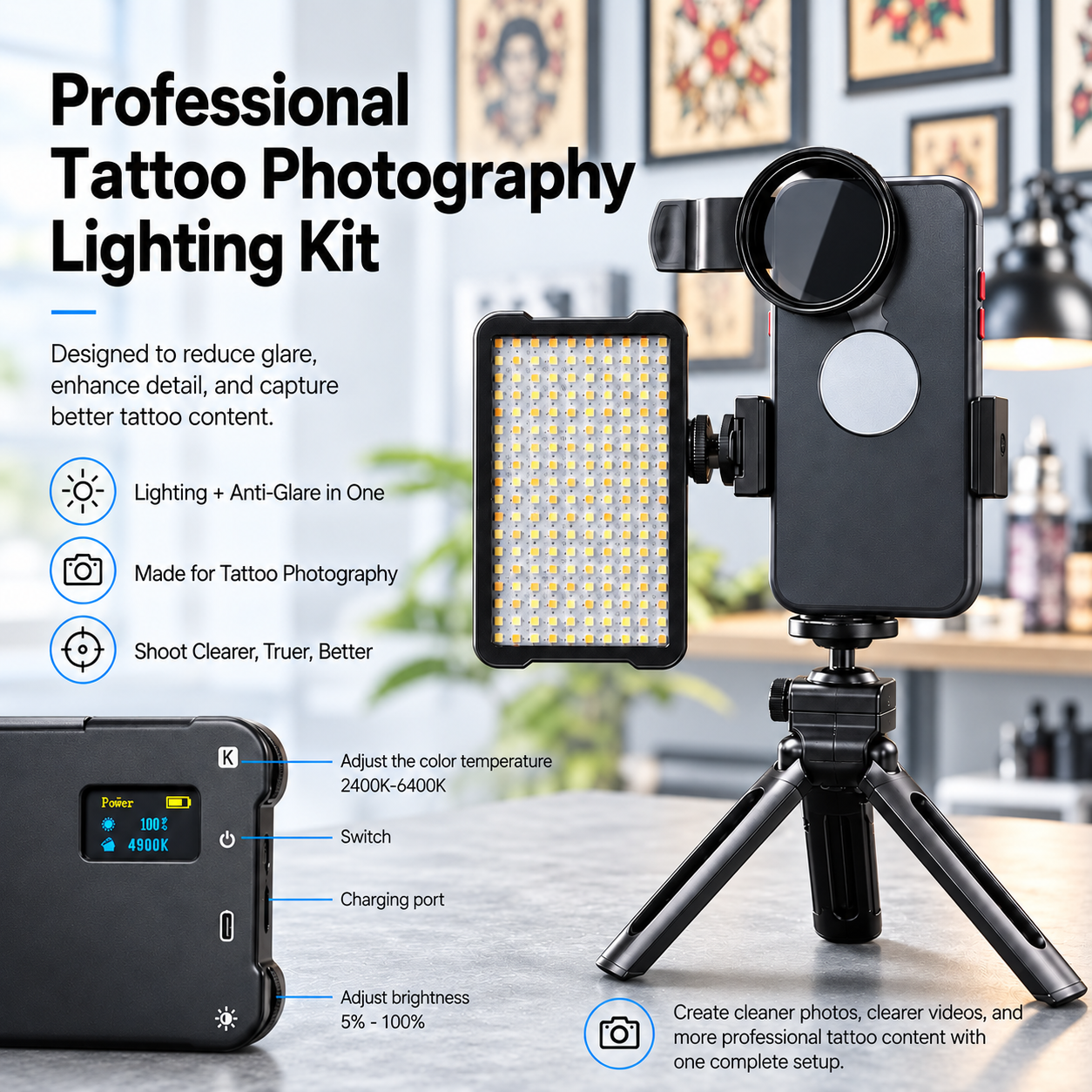 Tattoo Photography Anti-Glare Light Kit