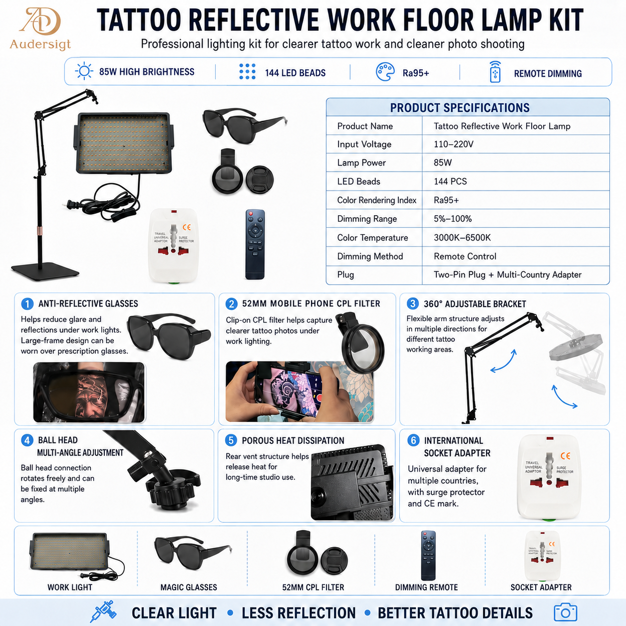 Juego de luces antideslumbrantes para fotografía de tatuajes.