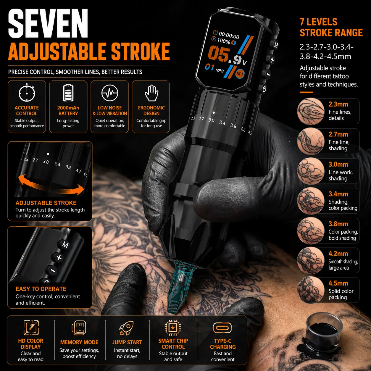 KT108 Adjustable-Stroke Wireless Tattoo Pen - image 2