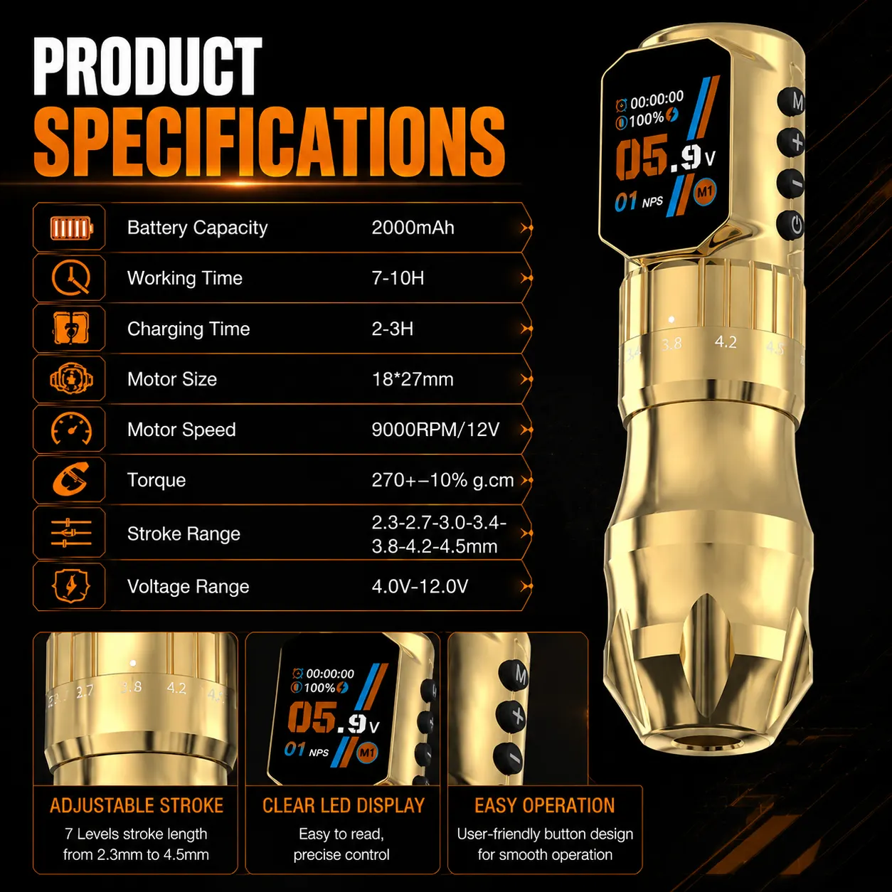 KT108 Adjustable-Stroke Wireless Tattoo Pen - image 3