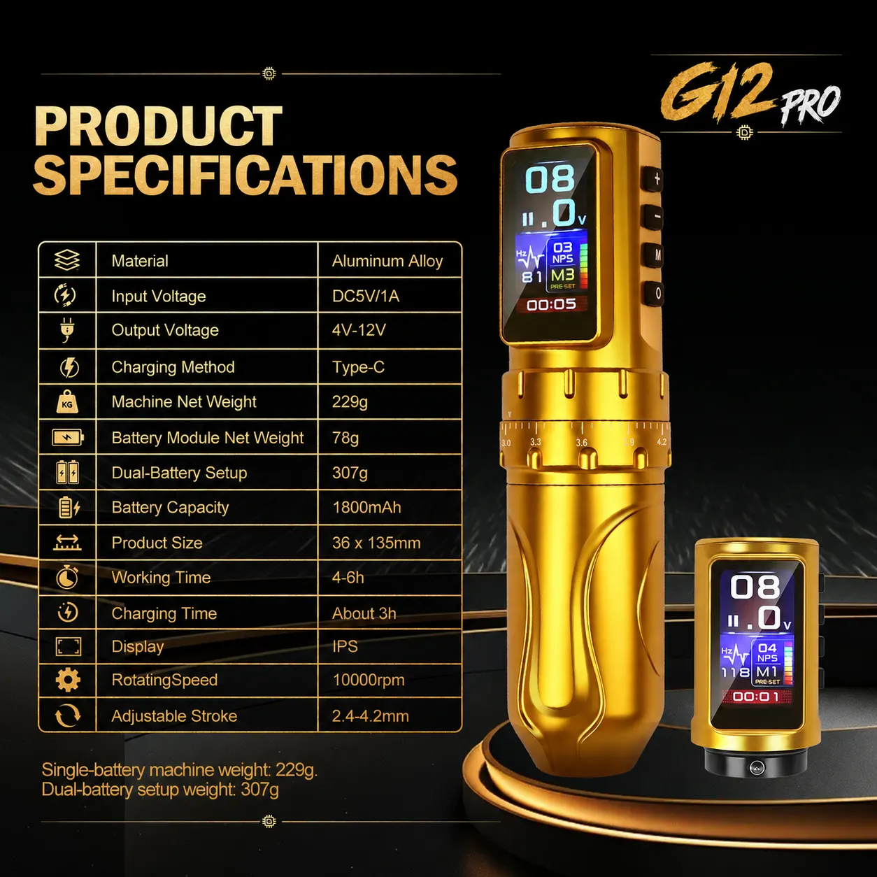 G12PRO Adjustable Stroke Wireless Tattoo Pen Machine for Beginners