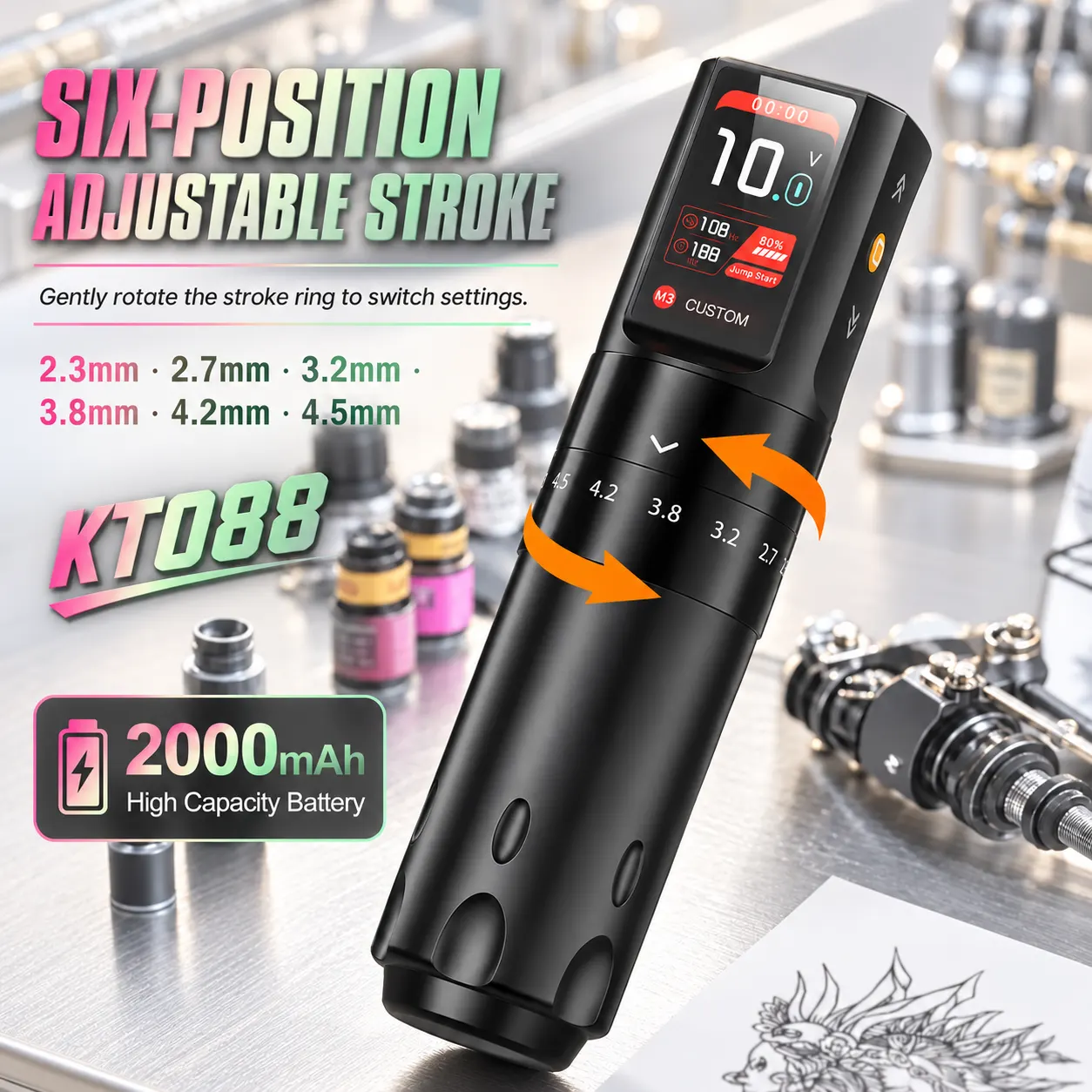KT088 可調行程無線刺青筆，第 3 張圖片