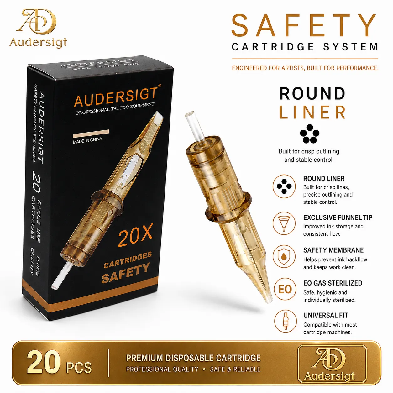 Audersigt Safety AD01 RL 刺青墨盒針・20 支裝